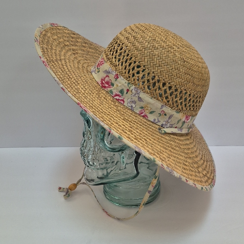 Vintage Straw Sun Hat Floral Trim Shabby Chic Cottage